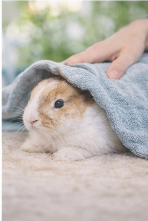 Rabbit resting in a comfortable bedding setup