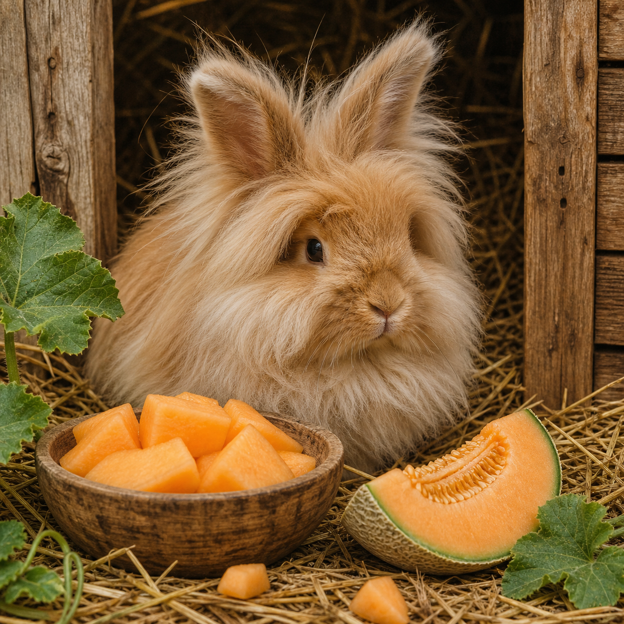 Rabbit with cantaloupe melon in a cosy food guide scene