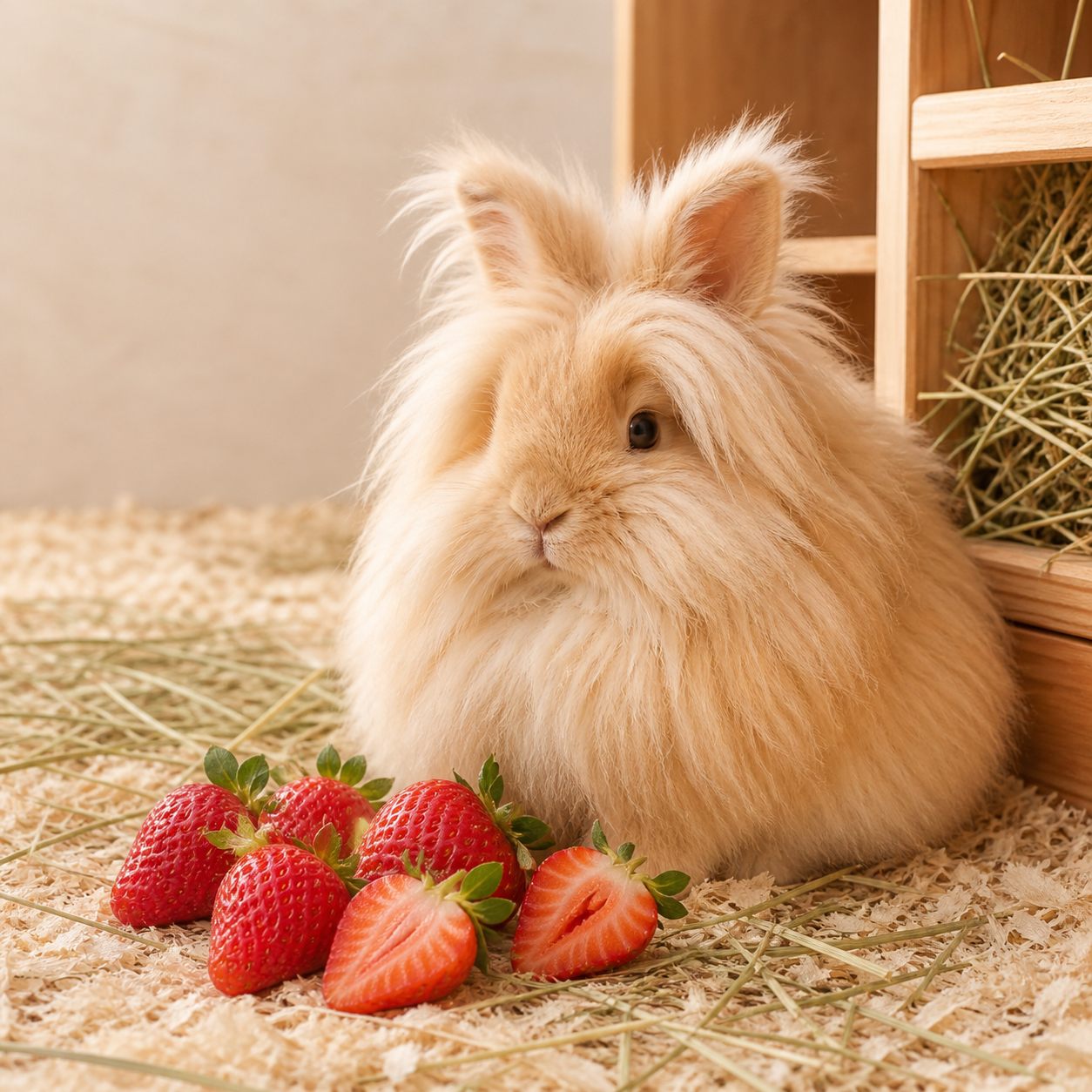 Rabbit with strawberries in a cosy food guide scene