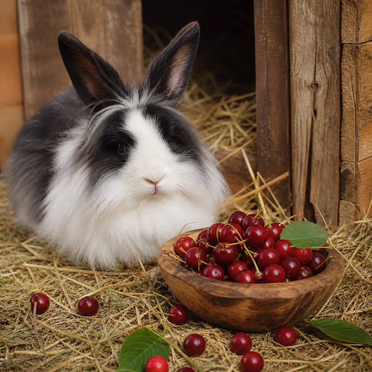 Rabbit with cherries in a cosy food guide scene