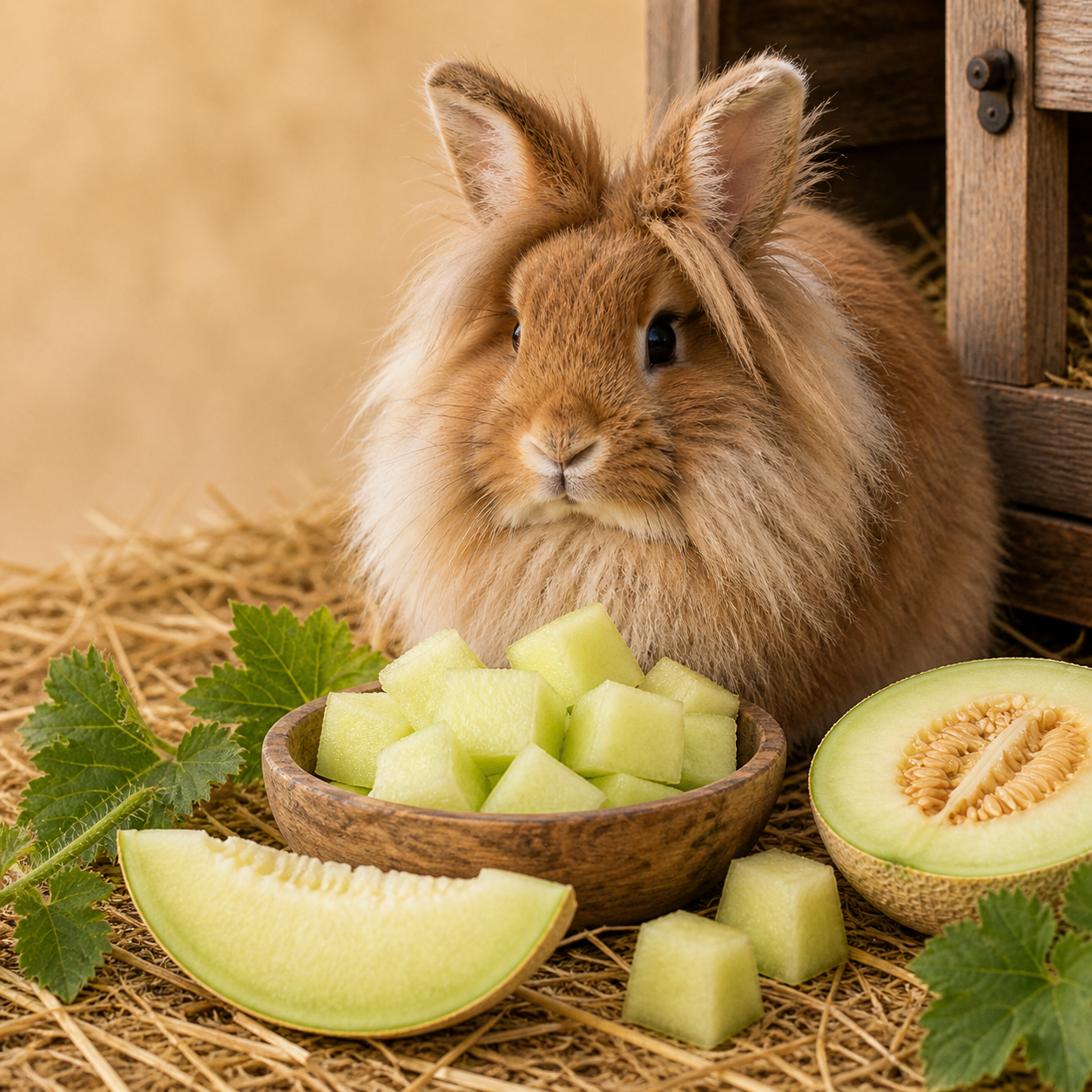 Rabbit with honeydew melon in a cosy food guide scene