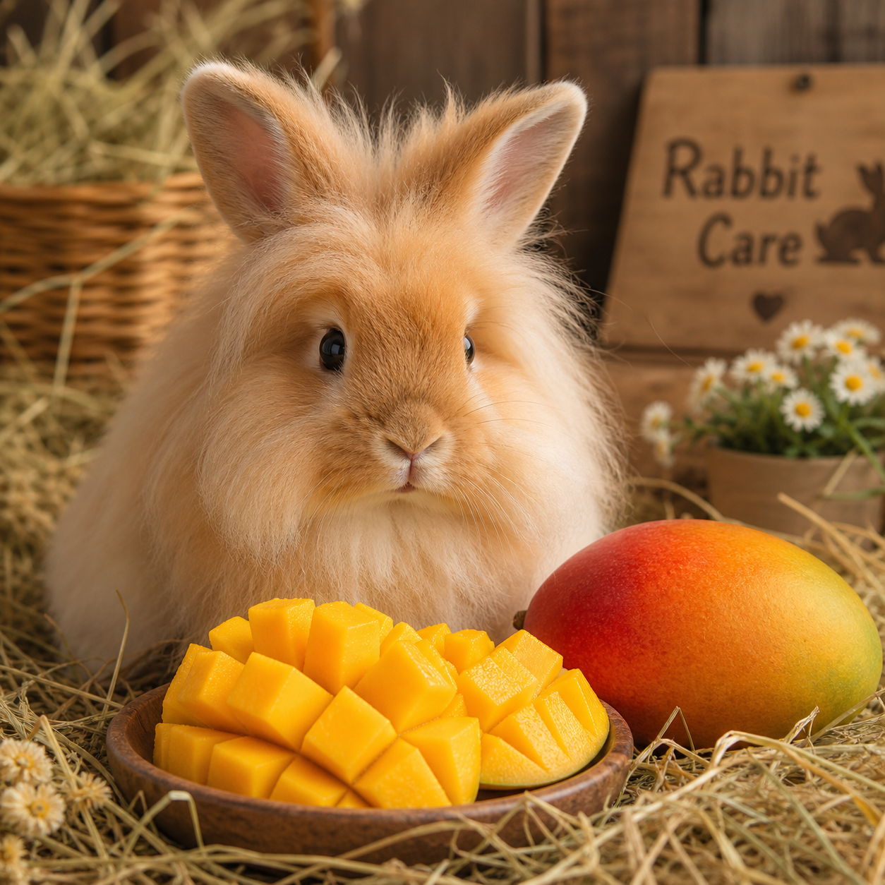 Rabbit with mango in a cosy food guide scene