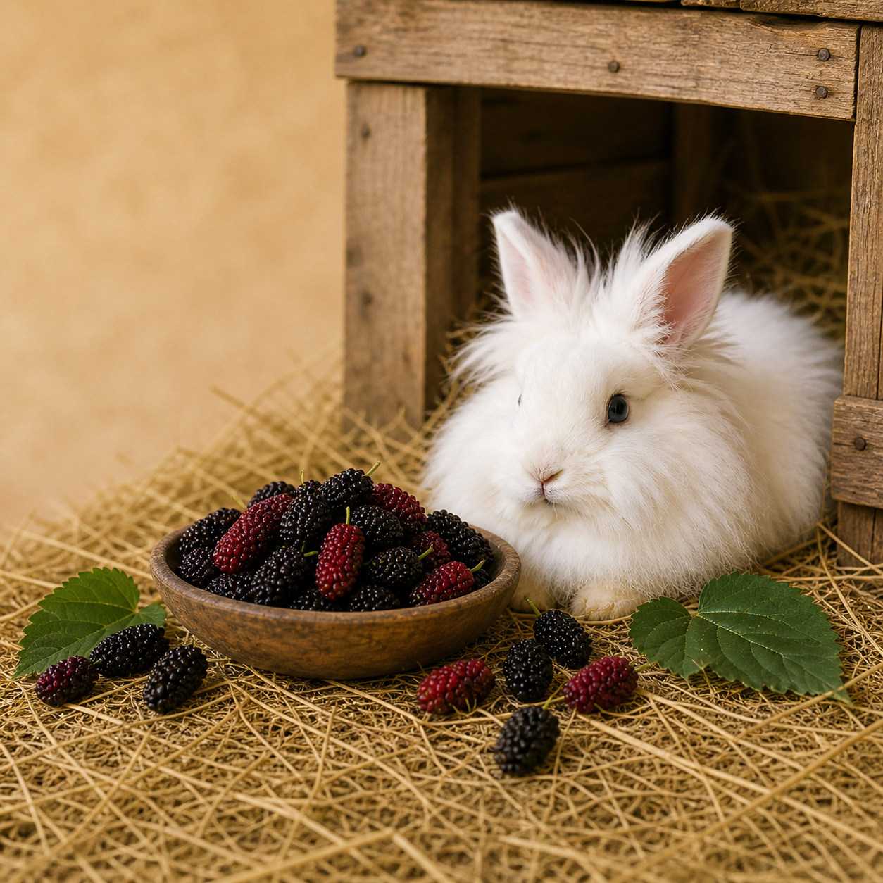 Rabbit with mulberries in a cosy food guide scene