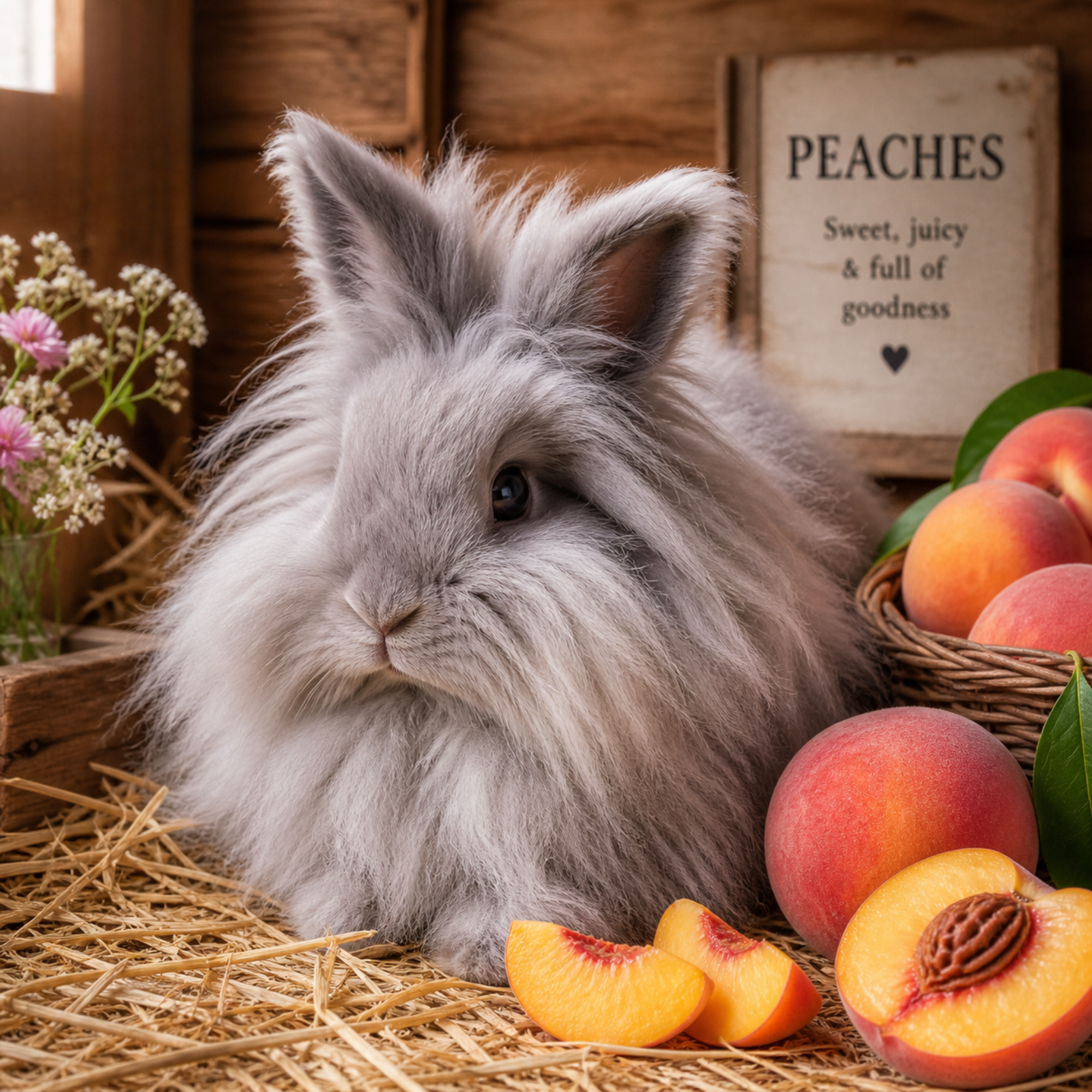 Rabbit with peaches in a cosy food guide scene