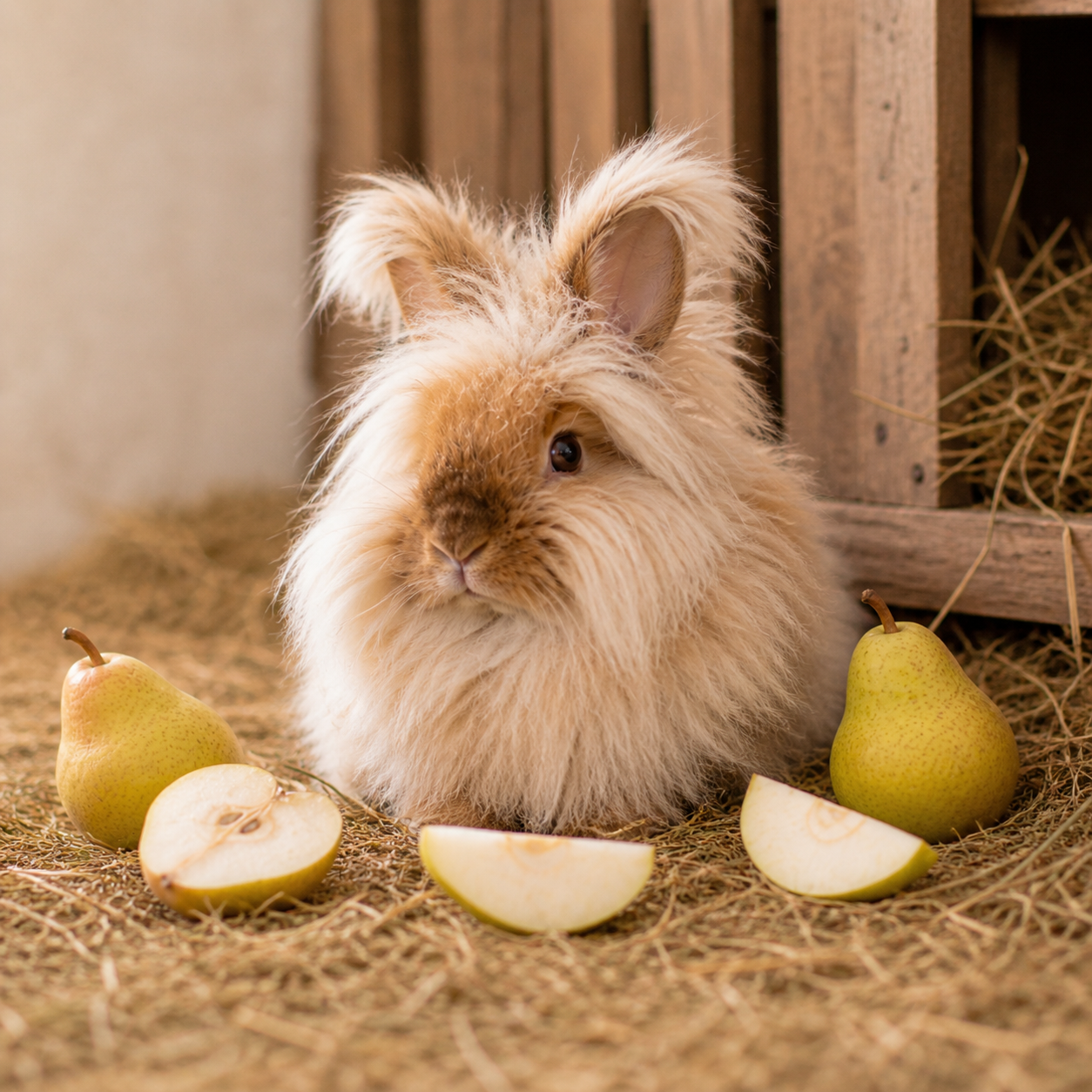 Rabbit with pears in a cosy food guide scene