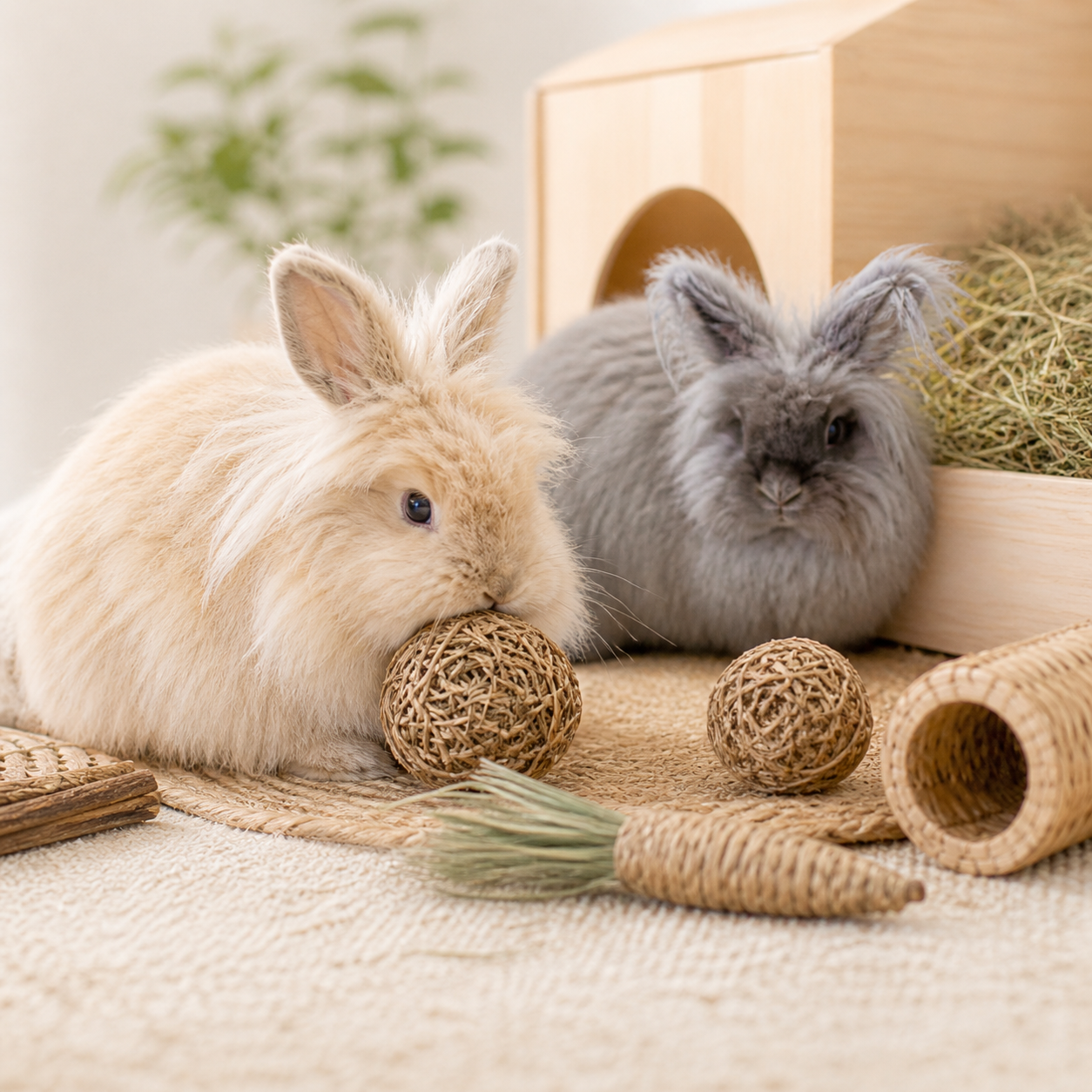 Rabbit playing with toys and enrichment items