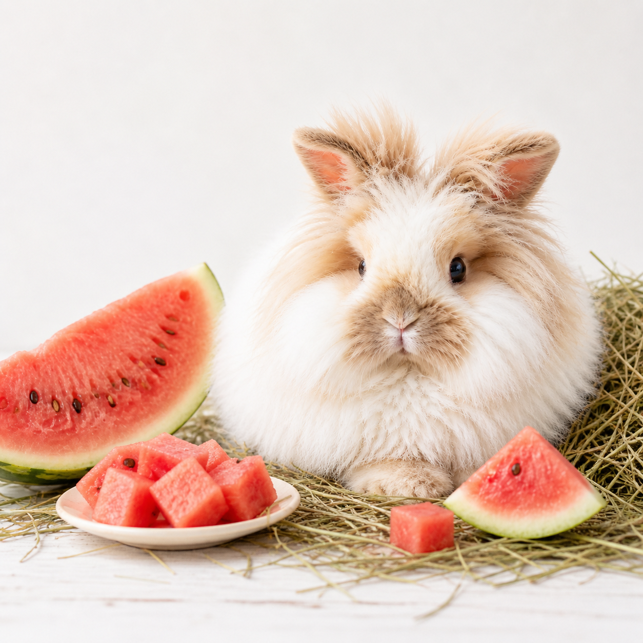 Rabbit with watermelon in a cosy food guide scene